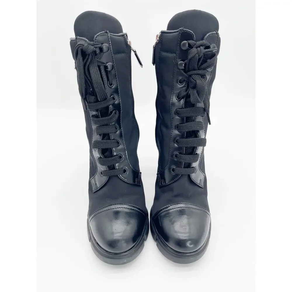 Prada Black Spazzolato Leather Re-Nylon Triangle Logo Lug Sole Ankle Boots IT 40 - Picture 5 of 13